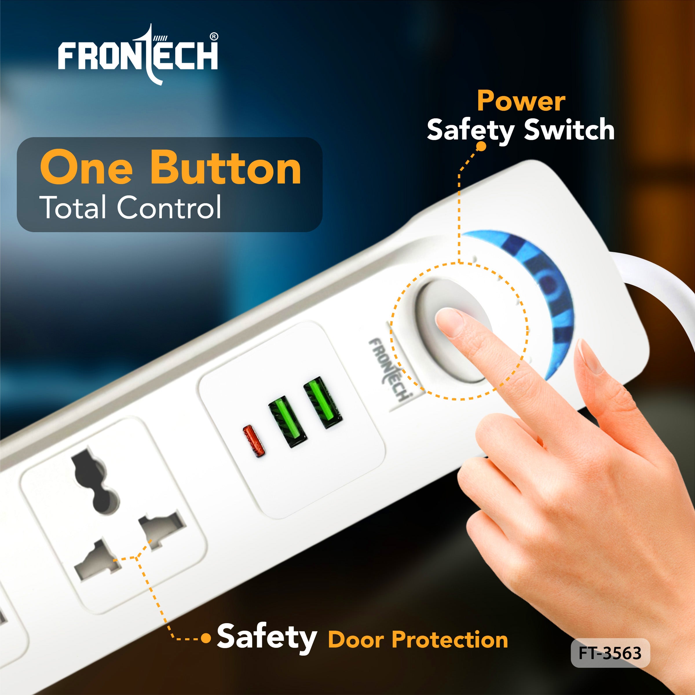 Frontech Power Extension Socket with 4 Universal Sockets, 2 USB Ports & 1 Type-C Port | 5M Cable | Fireproof & Heat Resistant | Power Safety Switch & Wall Mount Option (FT-3563) Frontech Power Extension Socket with 4 Universal Sockets, 2 USB Ports & 1 Type-C Port | 5M Cable | Fireproof & Heat Resistant | Power Safety Switch & Wall Mount Option (FT-3563)